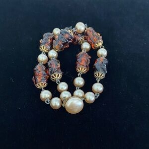 Vintage Czech Glass & Faux Pearl Double Strand Bracelet 1940s